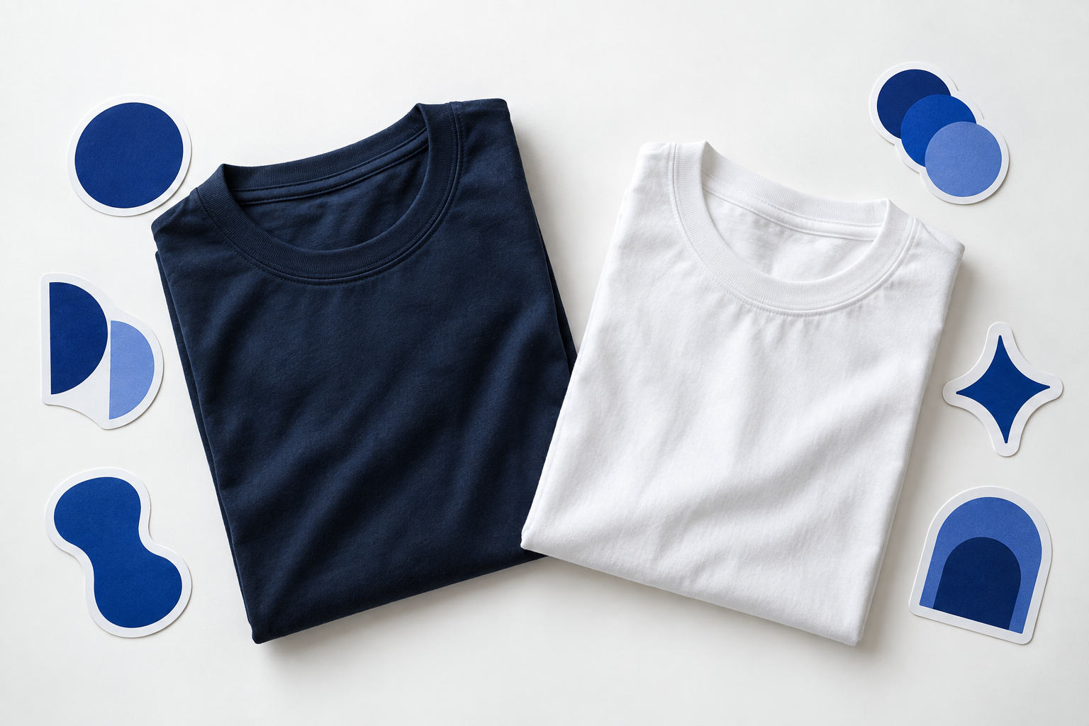 Composição ilustrativa de camisas e adesivos em tons de azul